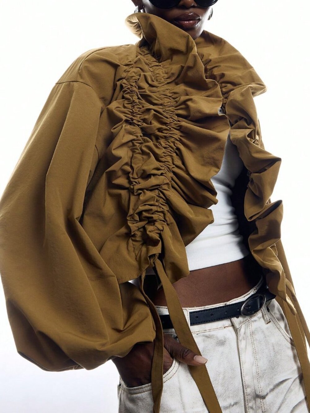 Khaki Elegant Women's Exaggerated Ruffle Loose Regular Hooded Long Sleeve Jacket